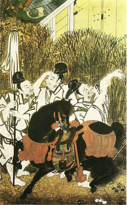 Japonsk malstv: Ti sluhov s osedlanm konm, vez ze svitkovho romnu Murasikiho ikibua "Genji-monogatari", kola Sumijoi, kolem 1700 (Koln, Museum fr ostasiatische Kunst)