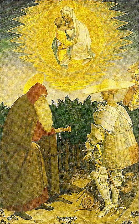 Pisanello Antonio: Panna Maria a dt se sv. Jim a opatem sv. Antonnem, polovina 15. stolet, 47 x 29 cm