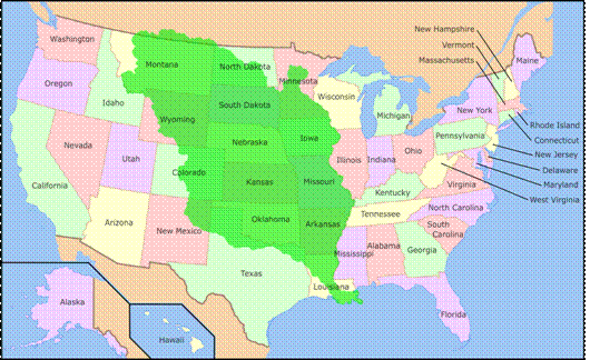 Francouzsk kolonie Louisiana (zelen), zskan Spojenmi stty americkmi v roce 1803